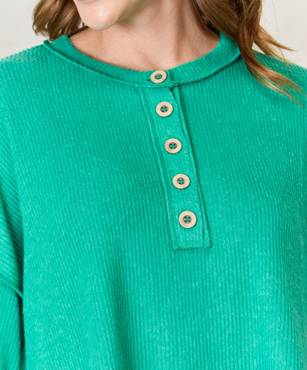 Women's Zenana Full Size Ribbed Half Button Slit Knit Top