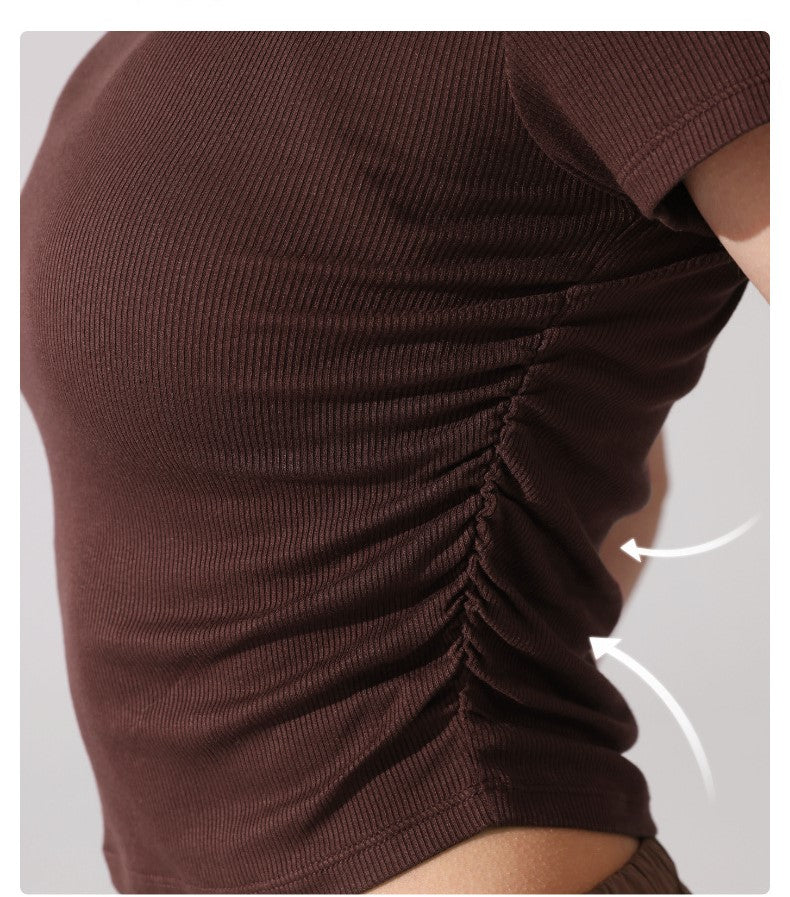 Pleated Waist Slimming T-Shirt Women's Ribbed Stretch Short Sleeve Sports Top for Summer Fitness Yoga & Running