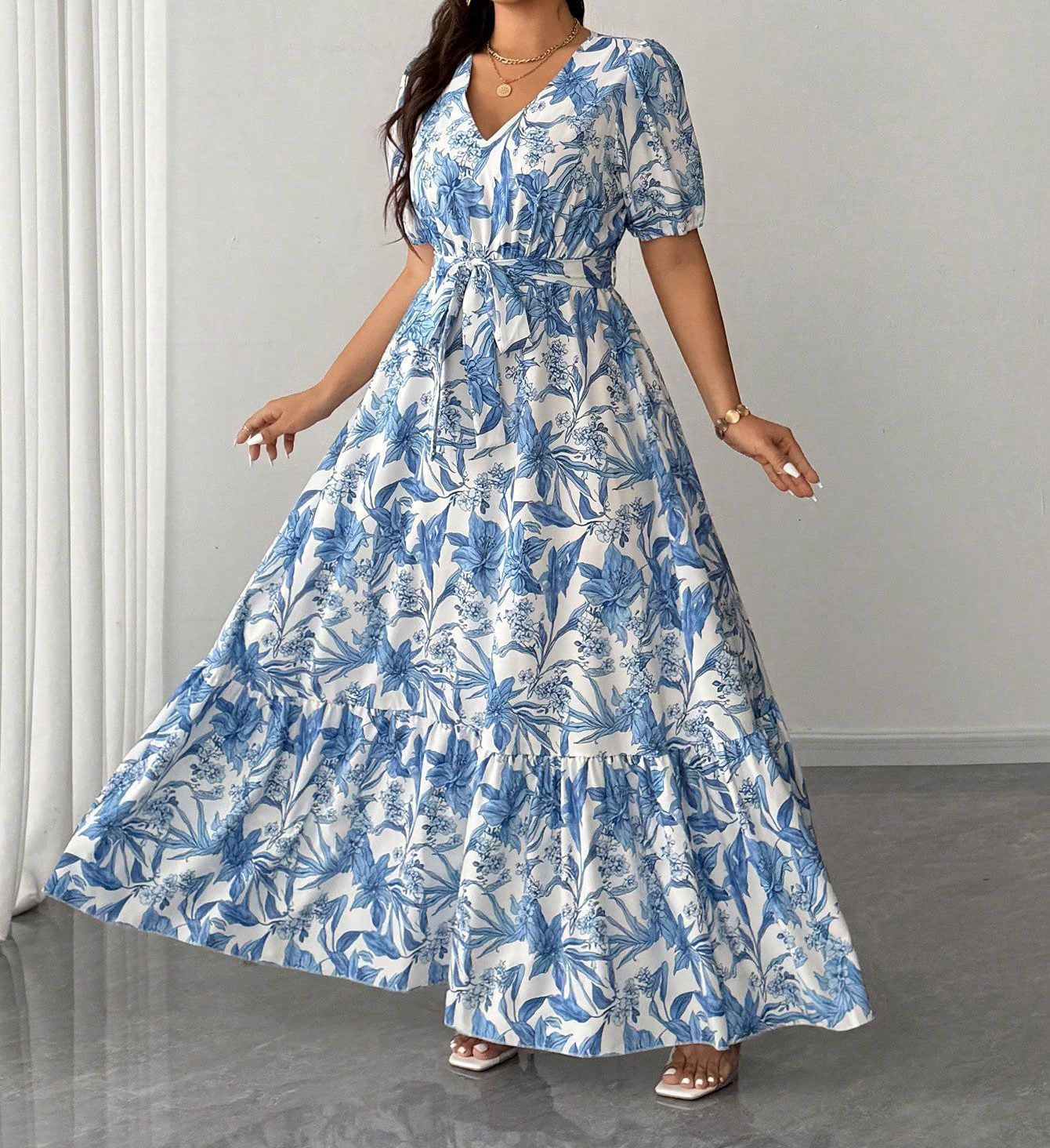 Women's V-Neck Floral Print Maxi Dress