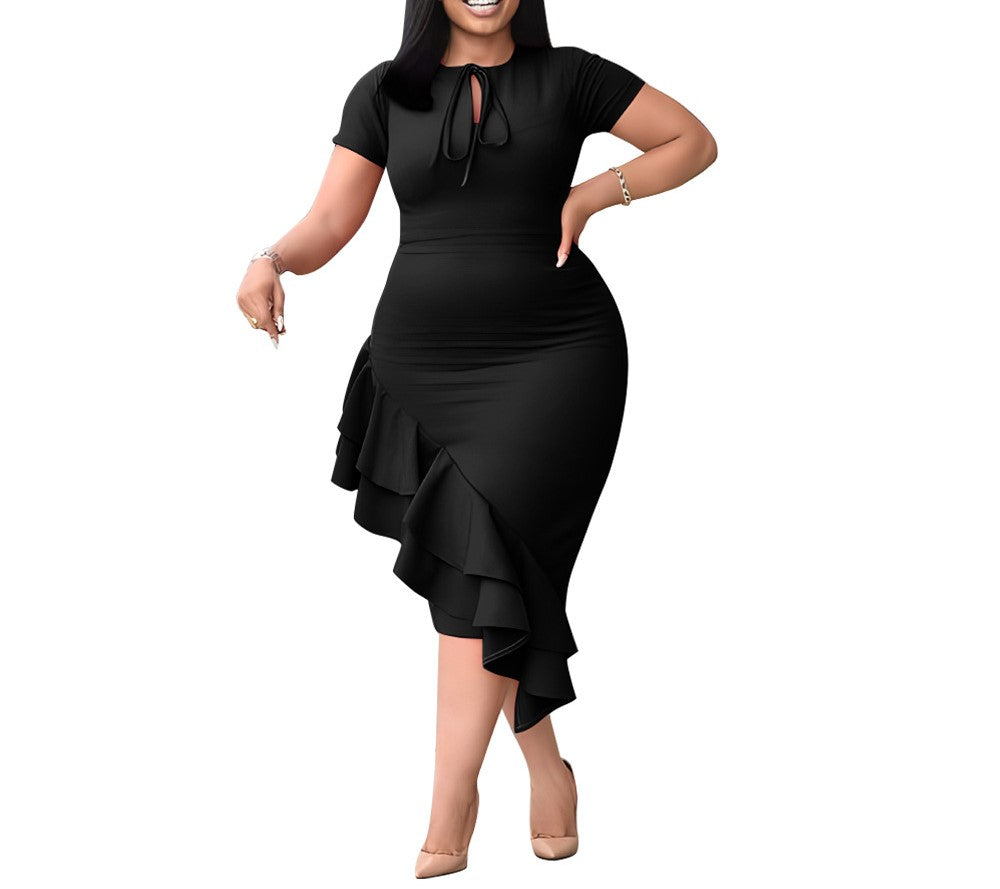Plus Size Women's Casual Tie-Up Ruffle Hem Dress – Elegant & Comfortable Everyday Style
