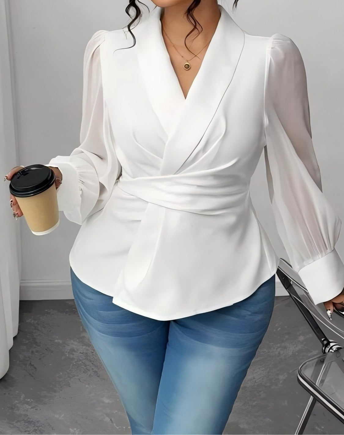 Women's White Long-Sleeved Waist-Defined Plus Size Casual Blouse