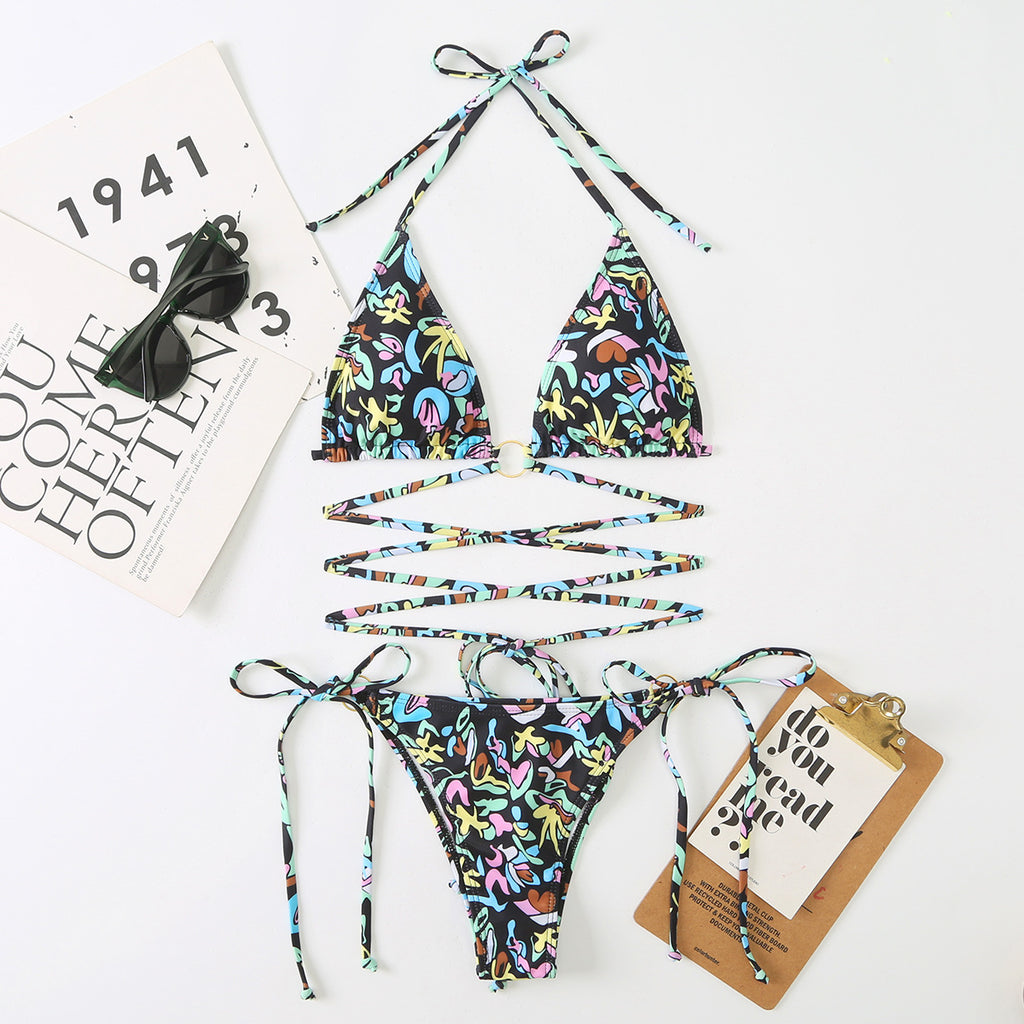 New Digital Print Lace-Up Neck Bikini Two-Piece Split Swimsuit for Women