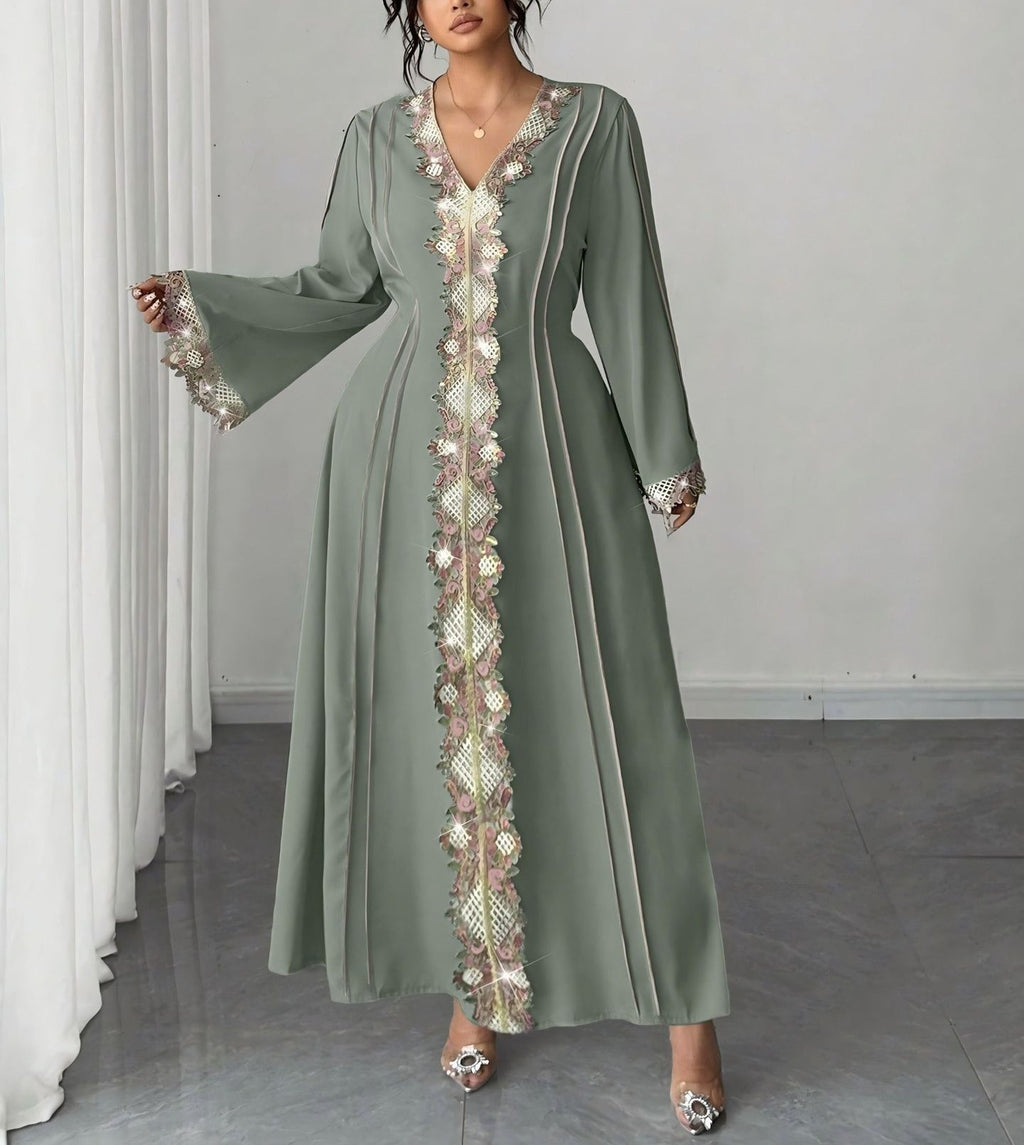 Plus Size Women's V-Neck Lace Ethnic Inspired Flared Midi Dress with Elegant Flowing Silhouette
