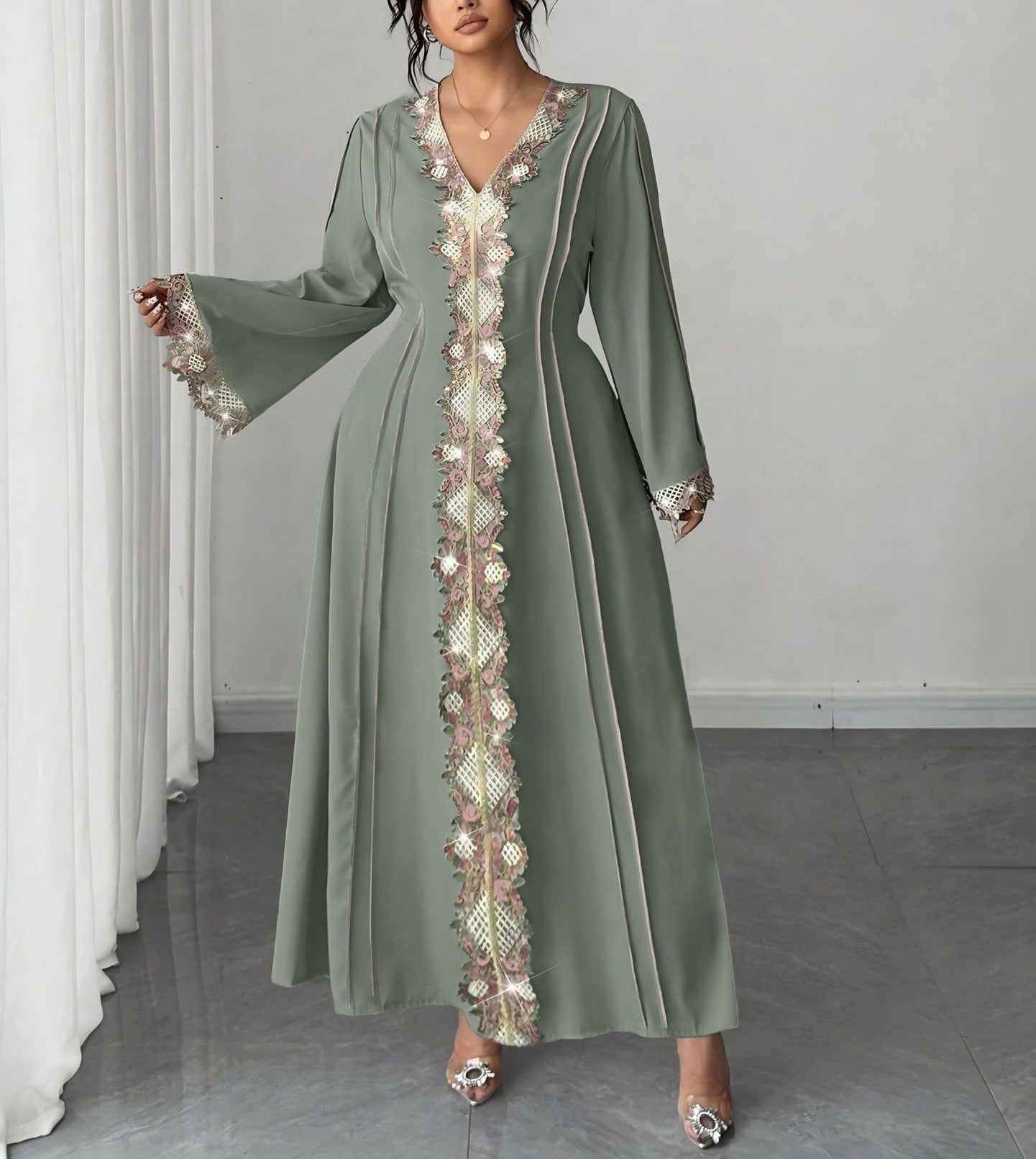 Plus Size Women's V-Neck Lace Ethnic Inspired Flared Midi Dress with Elegant Flowing Silhouette