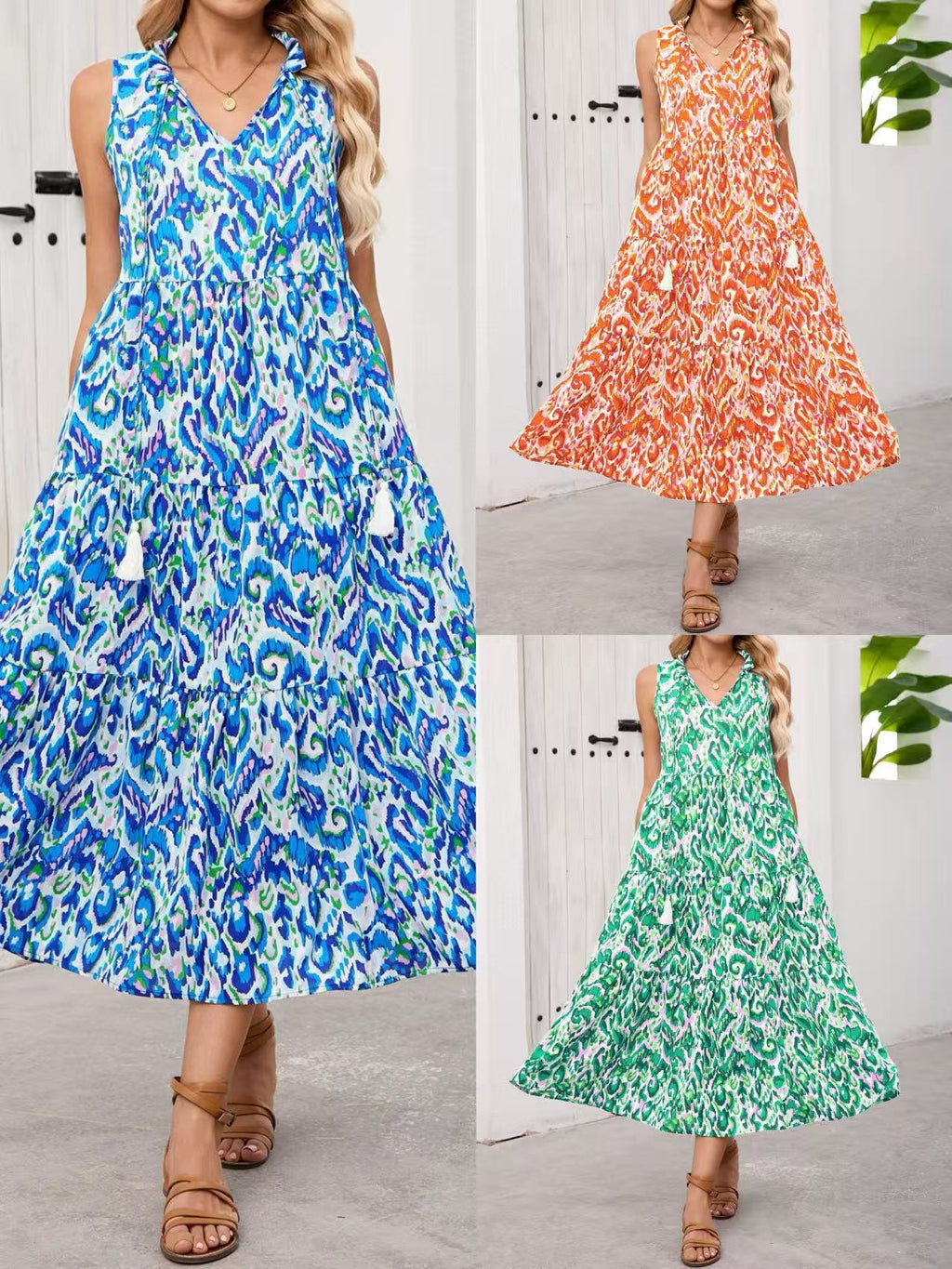 New Women's V-Neck Printed Lace-Up Bohemian Style Maxi Dress for Summer Vacation, Casual Beach Wear