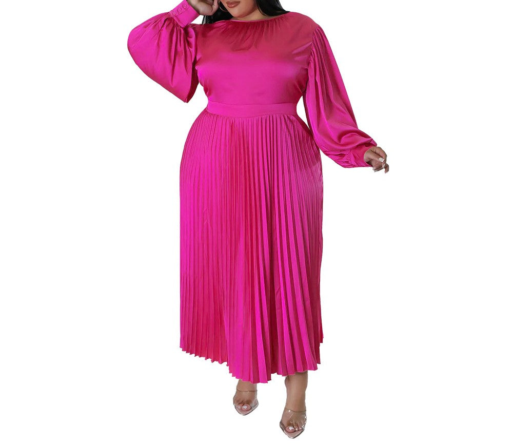 Plus Size Long-Sleeve Pleated Round-Neck Midi Dress for Women – Autumn/Winter Solid Color Casual Elegant Outfit