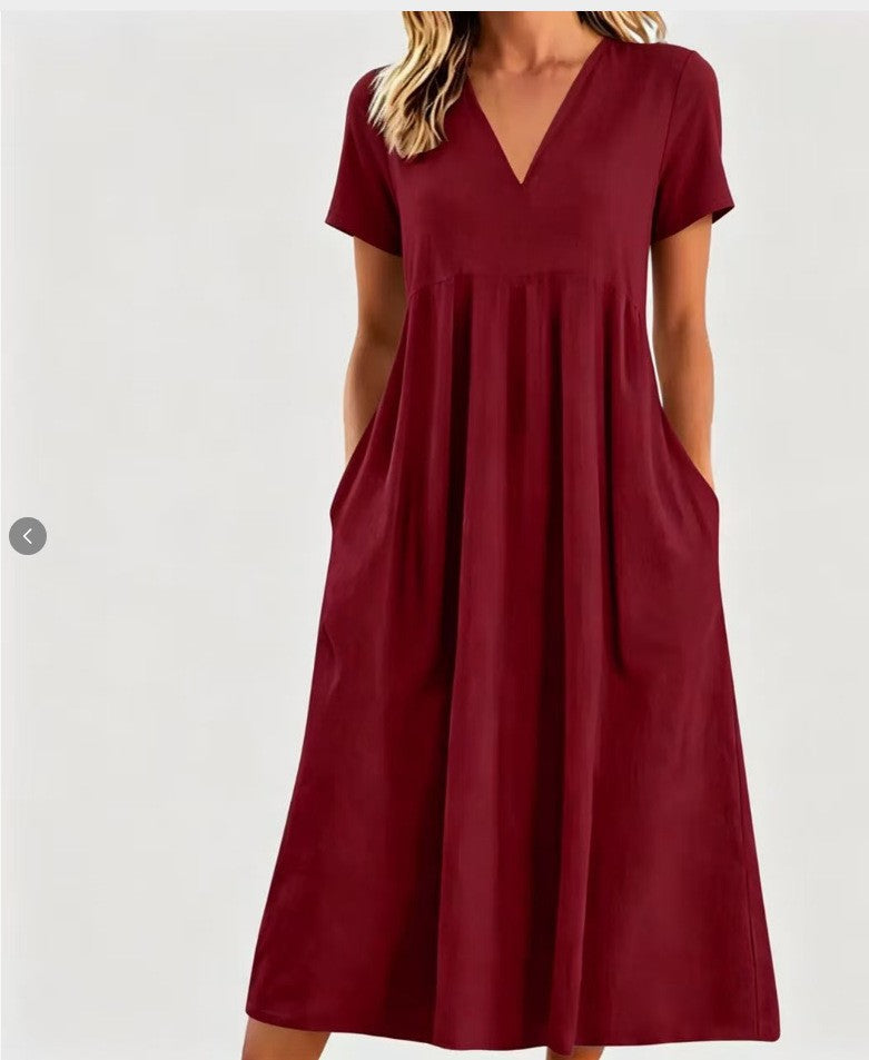 Women's Solid Color V-Neck Short-Sleeved Loose Casual Dress