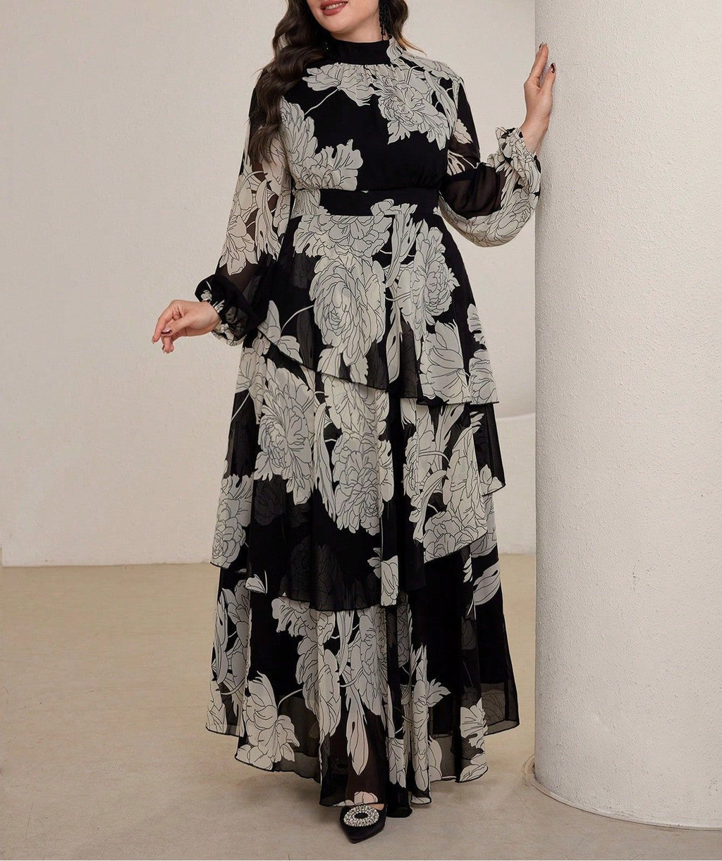 Women's Plus Size Stand Collar Tie Waist Midi Dress Elegant A-Line Full Skirt Short Sleeve Casual Dress