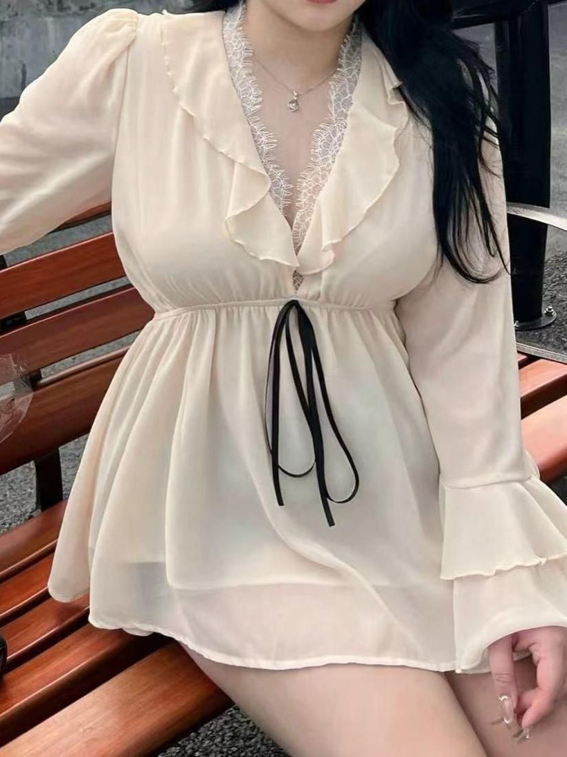 Women's Long Sleeve V Neck Lace High-Waisted Top