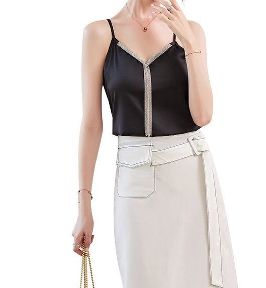 Women's Adjustable Shoulder Strap V-Neck Silk Suit Set