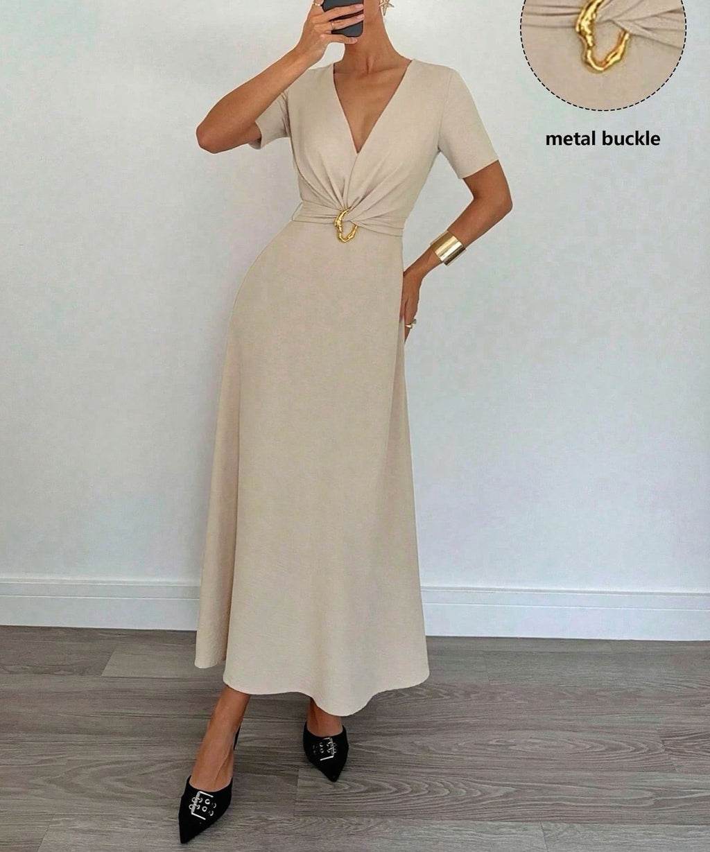 Women's Elegant V-Neck Short Sleeve Maxi Dress, Solid Color Waist-Cinching Long Dress, Flattering A-Line Casual Party Evening Dr
