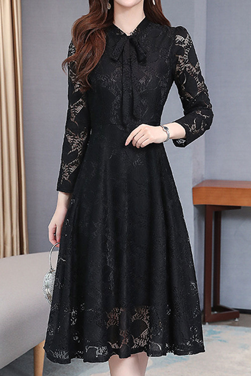 Women Enticing Lace Patterned V-Neck Net Long Sleeves A-line Style Slim Fit Dress