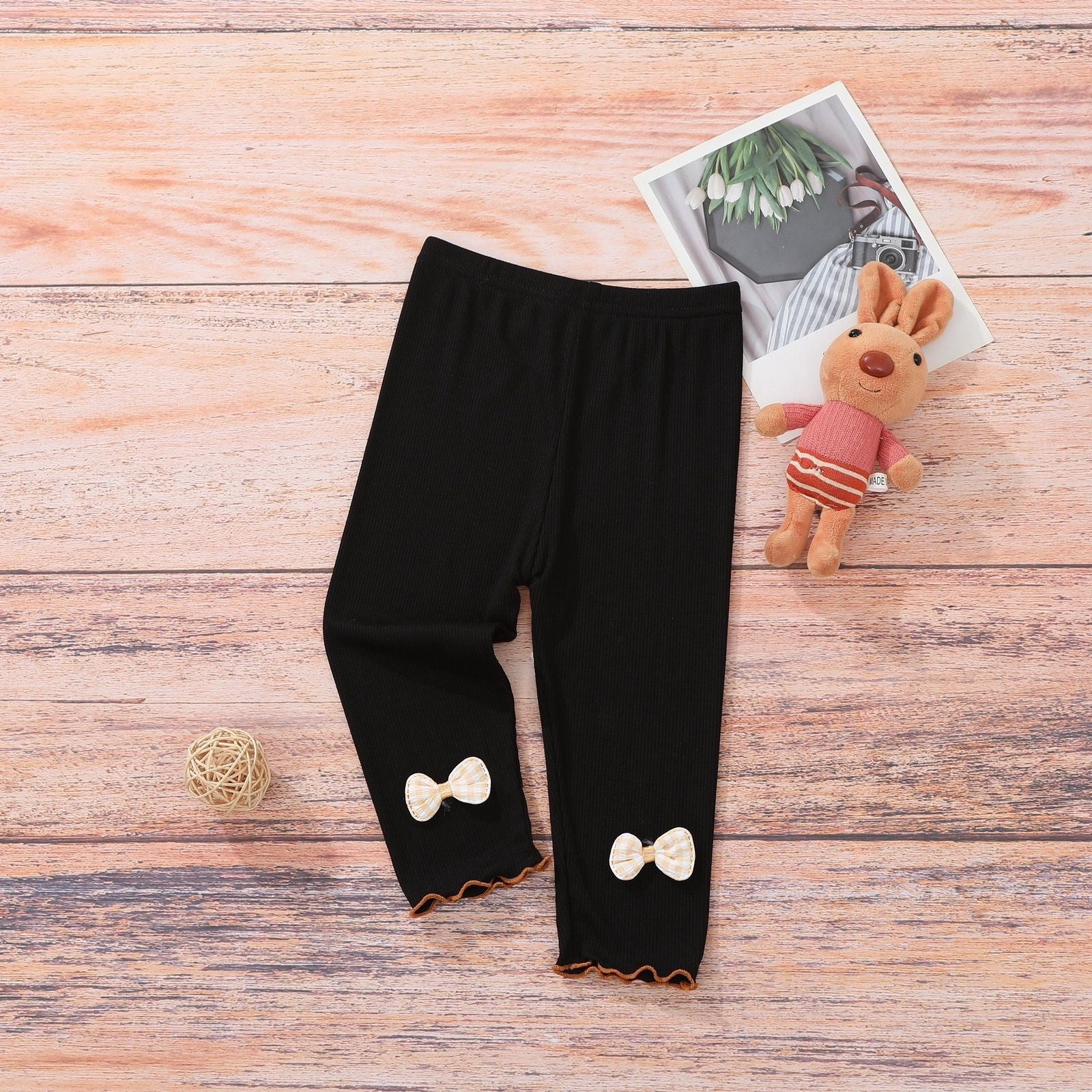 Girls’ Summer Leggings with Bow Detail – Modal Ruffle Cropped Pants, Soft & Breathable Everyday Wear - RAC26JP5426BATB