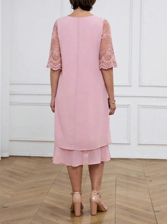 Autumn Elegant Solid Color Lace Sleeve Round Neck Midi Dress for Women