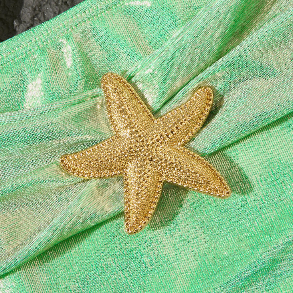New Solid Color Starfish Embroidery Lace-Up Split Bikini Swimsuit