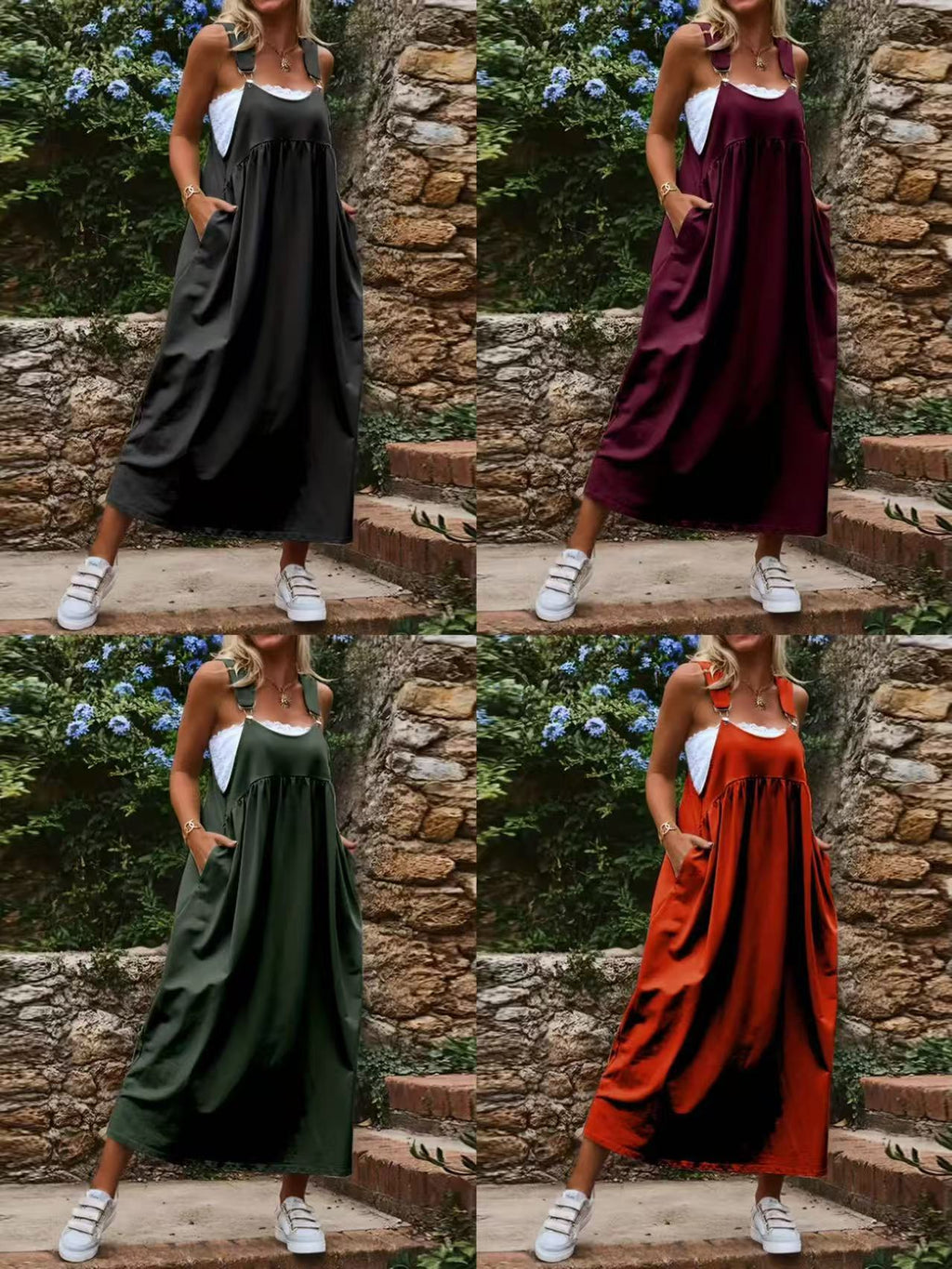 Plus Size Women's Solid Color Loose Casual Strap Maxi Dress with Relaxed Fit for Everyday Wear