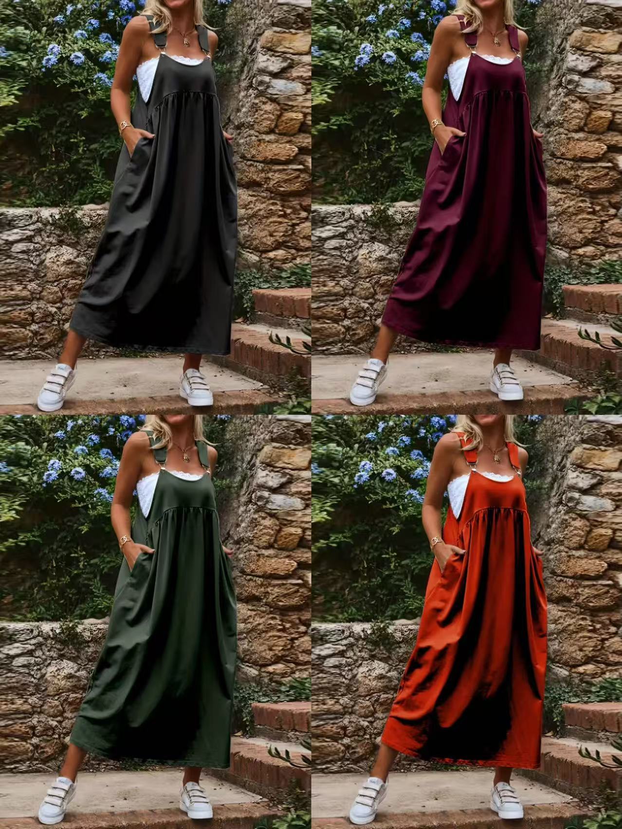 Plus Size Women's Solid Color Loose Casual Strap Maxi Dress with Relaxed Fit for Everyday Wear