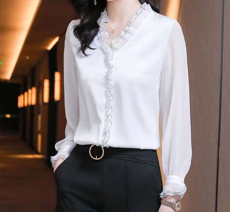 Women's Chiffon Long-Sleeved Early Autumn White Shirt Top