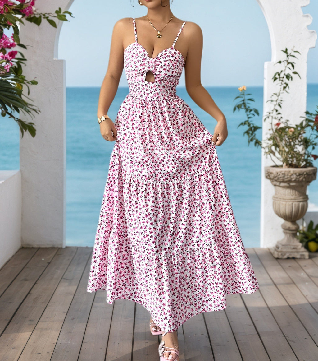 Women's Summer Printed Floral Sleeveless Hollow Detail Long Strap Dress