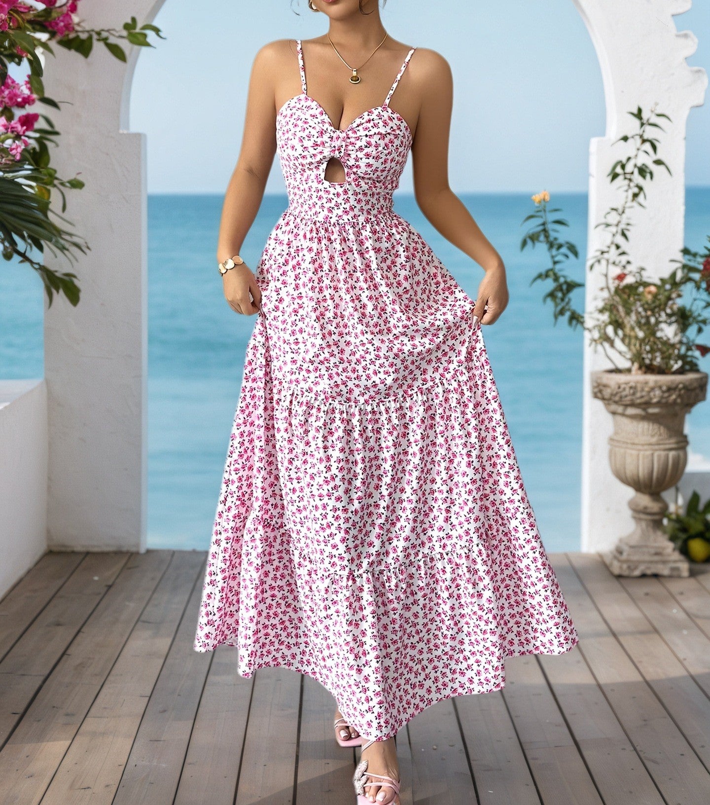Women's Summer Printed Floral Sleeveless Hollow Detail Long Strap Dress