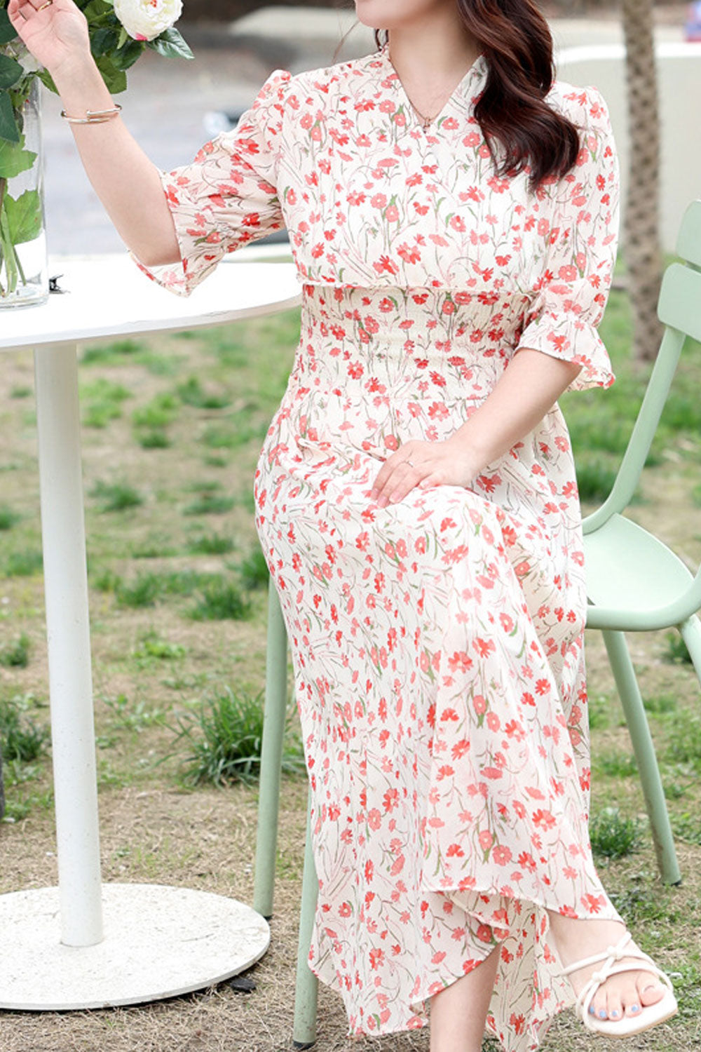 Women's Fashion Chiffon Printed Mid Length Waist Dress