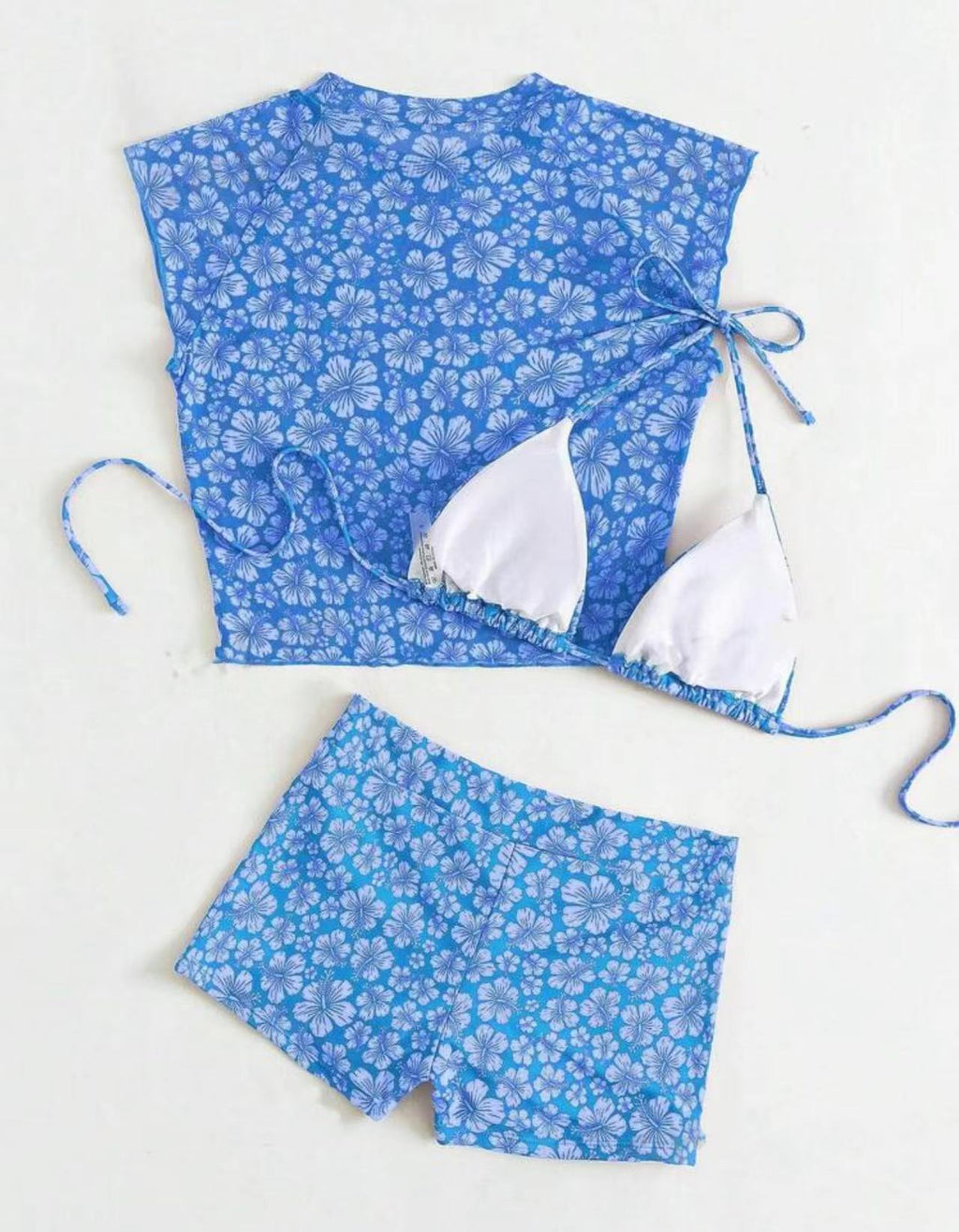 Split Shoulder Three-Piece Slim-Fit Printed Bikini Swimsuit Set