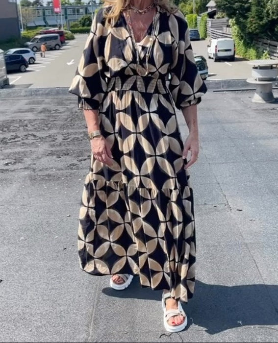 New Spring and Summer Loose V-Neck Copper Coin Print Casual Dress for Women