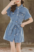 Kids Girls Short Sleeve Elegant Button Down Elegant Summer Denim Dress