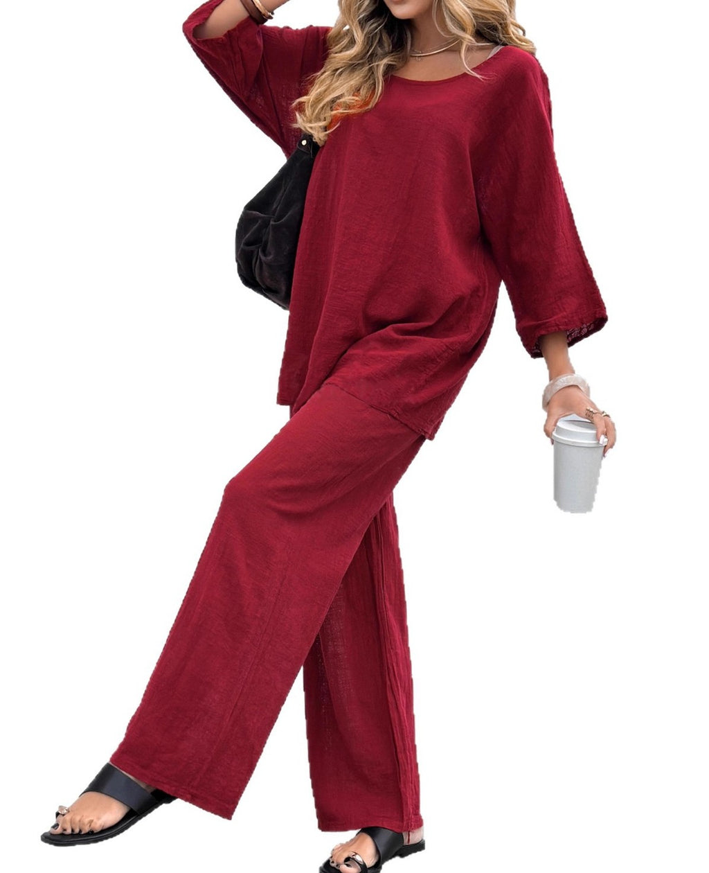 Women's Solid Color Round Neck Top & Drawstring Loose Pants 2-Piece Set