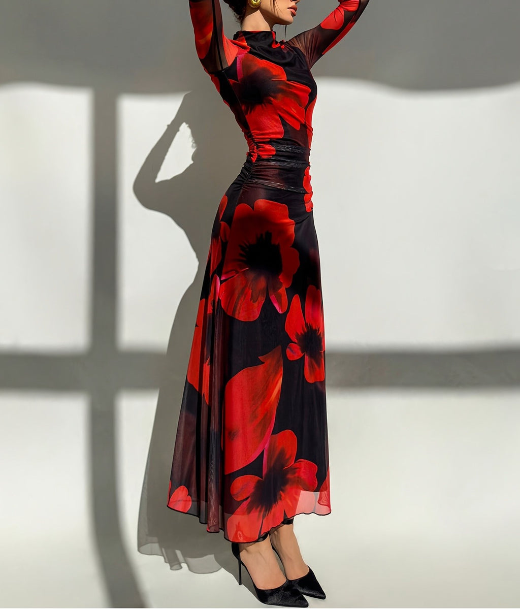 Women's Autumn Floral Print Mesh Panel Long Sleeve Slim Fit Elegant Midi Dress