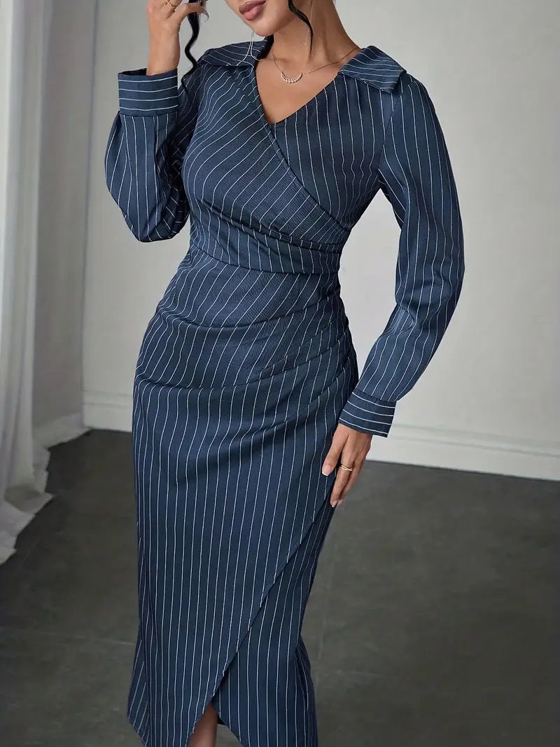 Women's Elegant Striped Irregular Hem Long Dress with Waist-Defining Fit and Long Skirt