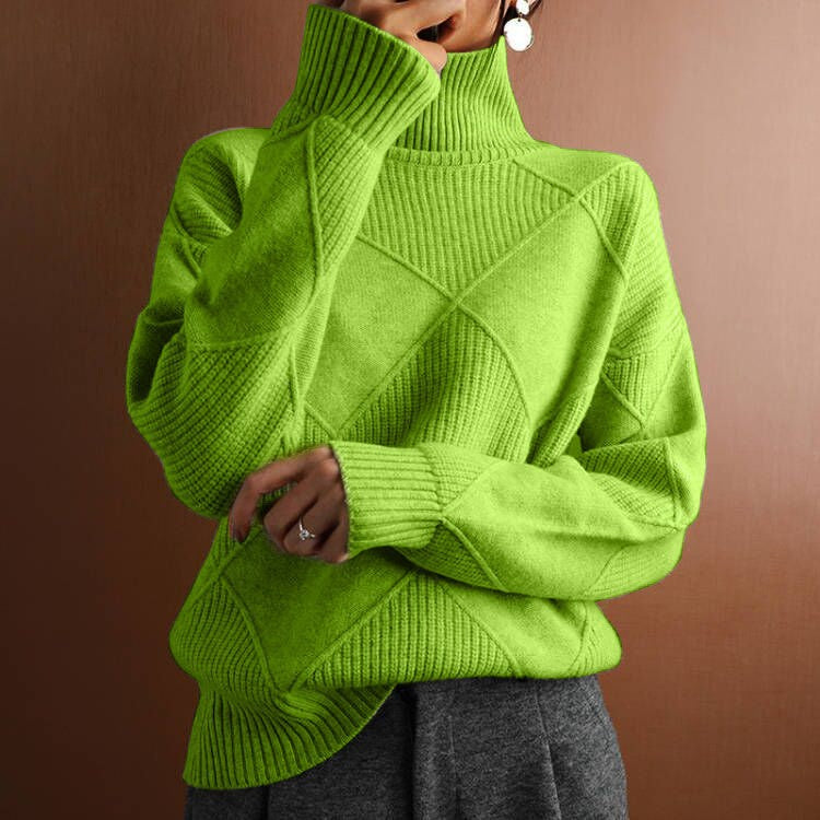 Women's Loose Elegant High-Neck Knitwear - Solid Color Commuter Sweater