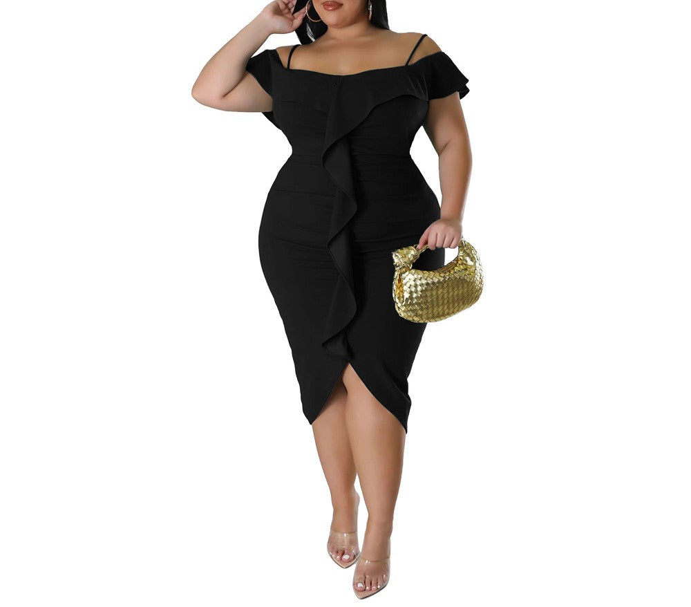 Women's Sweet One-Shoulder Solid Color Midi Dress – Elegant Bodycon Party Dress