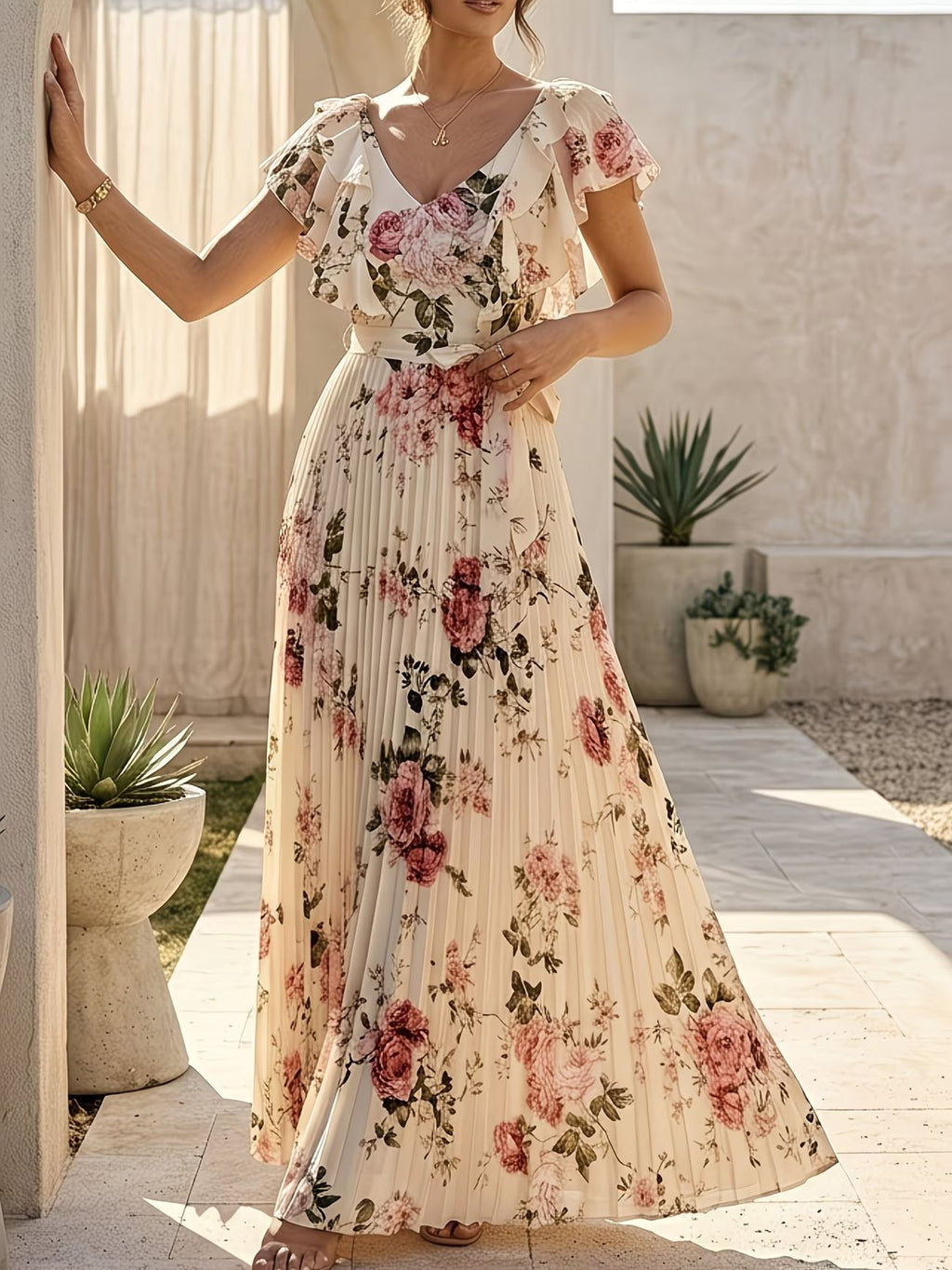 Women's Plus Size Printed Pleated Maxi Dress with V-Neck Ruffle Sleeves Waist-Defining A-Line Vacation Long Dress