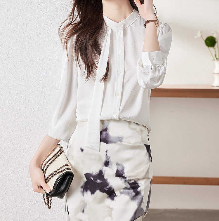 Ribbon Detail Women's Spring & Autumn Long-Sleeve Shirt - Elegant Blouse