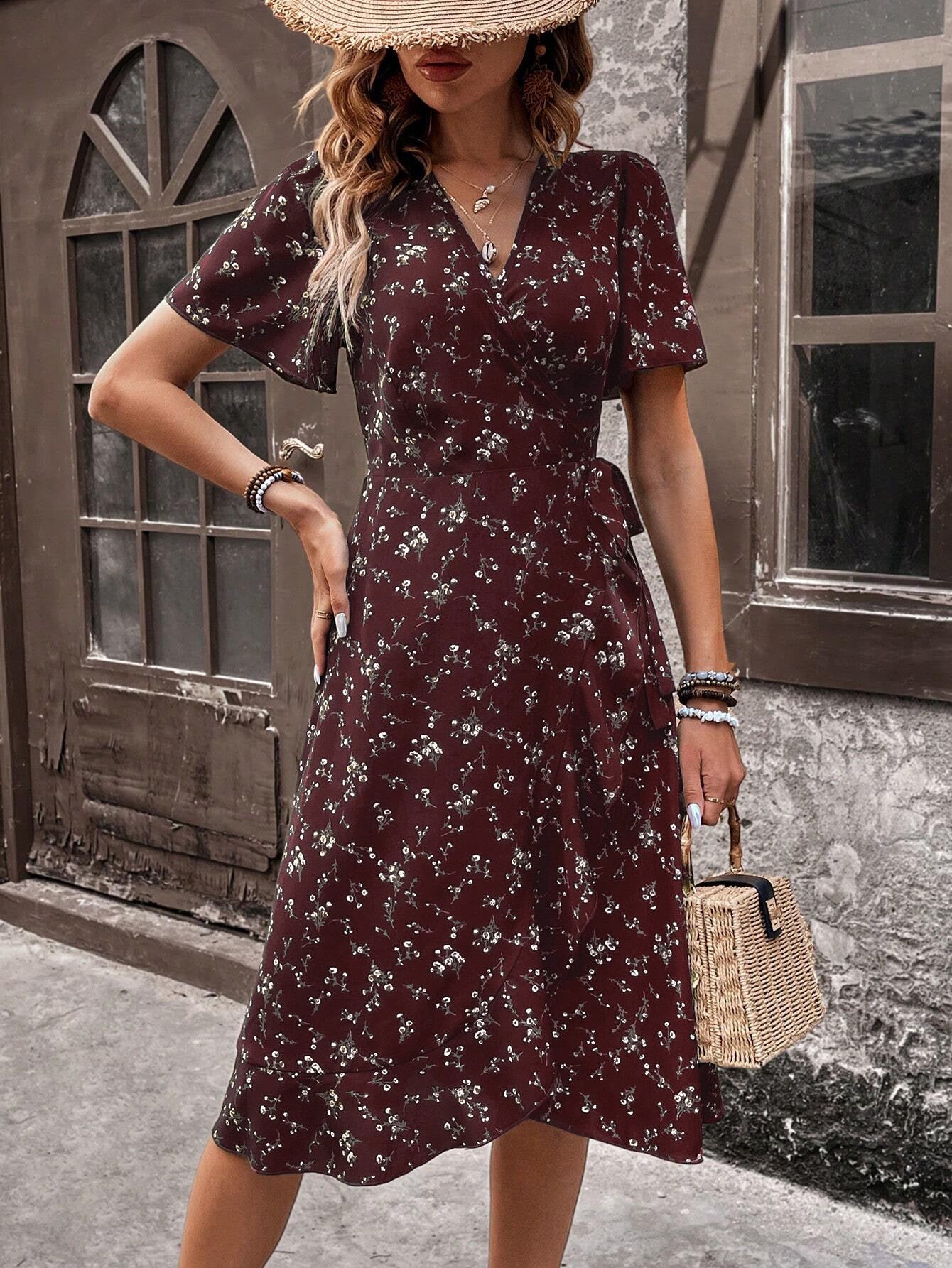 Women's V-Neck French Print Ruffled Lace-Up Midi Dress Elegant Long Sleeve Casual Fashion Dress