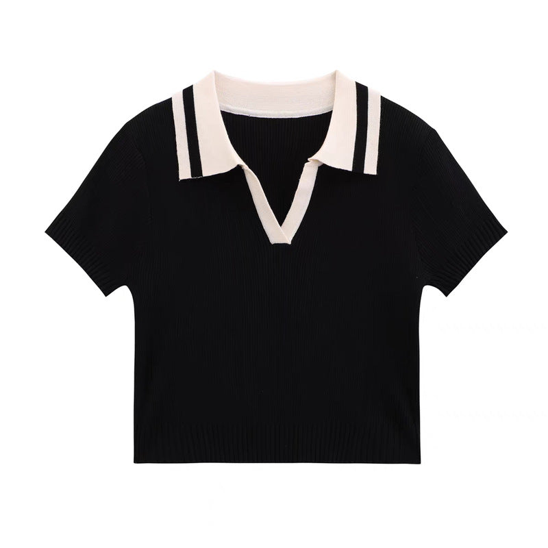 Color-Blocked Polo Collar Knitted Short-Sleeve T-Shirt for Women - Perfect for Summer
