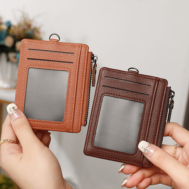New Women's Leather Card & Coin Holder – Zippered ID, Bus Card, Colorblock Patchwork, Cute & Fresh