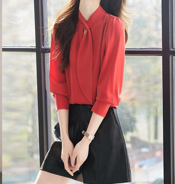 Women's Red Long Sleeve Ribbon Side Shirt - Spring Fashion Blouse