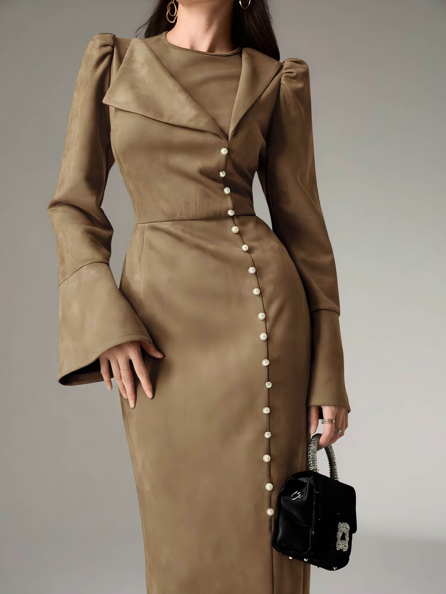 Women's Autumn & Winter High-Waisted Button Front Slit Long Dress with Elegant Tailored Fit