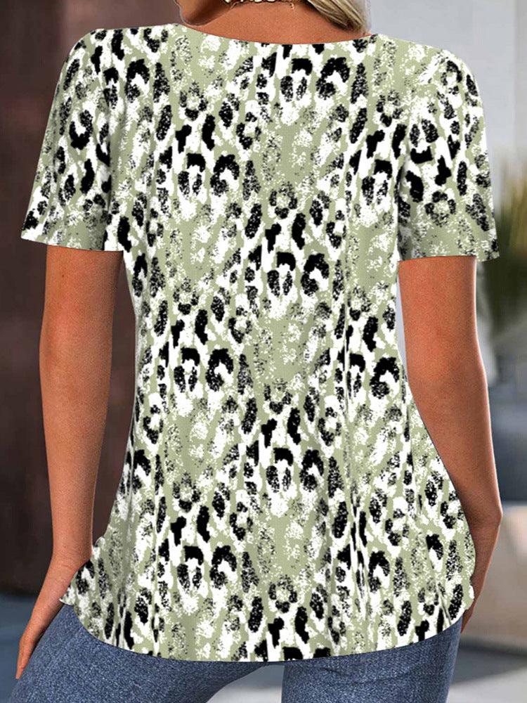 Women's Printed Crew Neck Pleated Short Sleeve Top – Casual Everyday Fashion Blouse