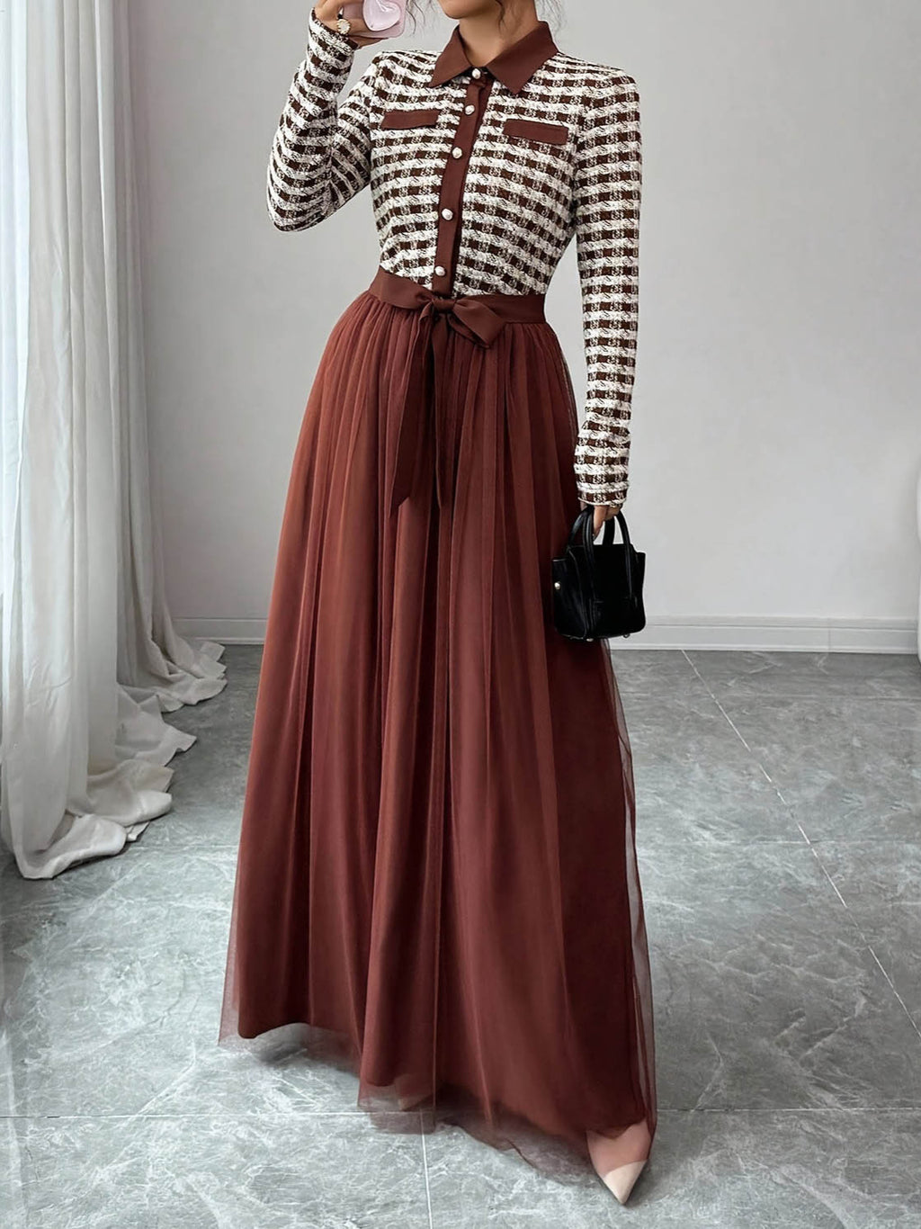 Women's Waist Tie Contrast Color Long Sleeve Mesh Panel Midi Dress