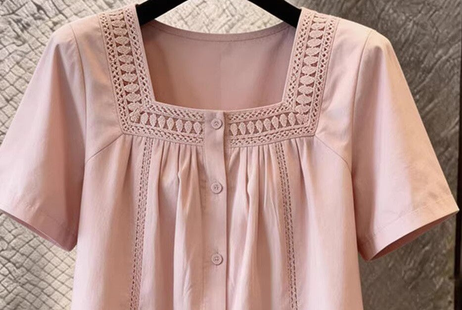 Women's Summer Square Neck Short Sleeve Loose Fit Casual Top