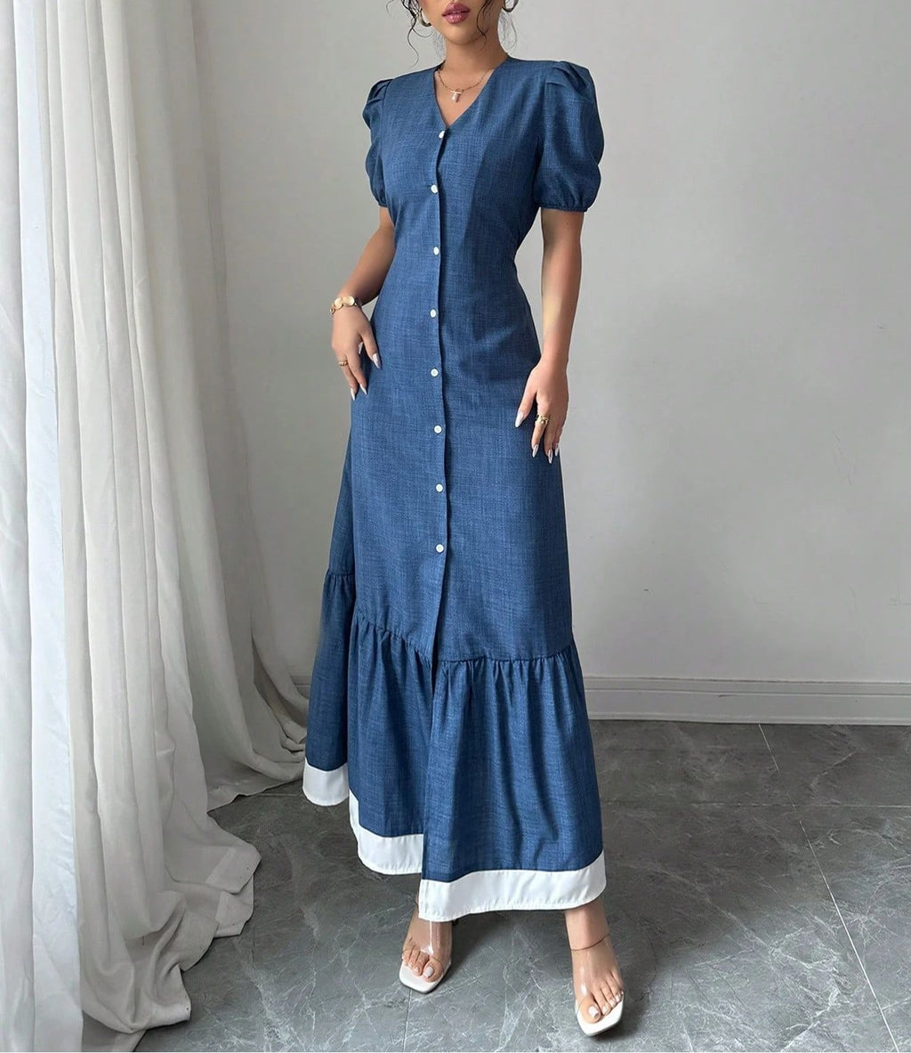 Women's Summer Color-Block Slim-Fit Long Dress with Button Detail and Waist-Enhancing Design