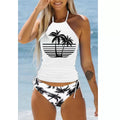 New Digital Print Lace-Up Neck Bikini High-Collar Split Swimsuit