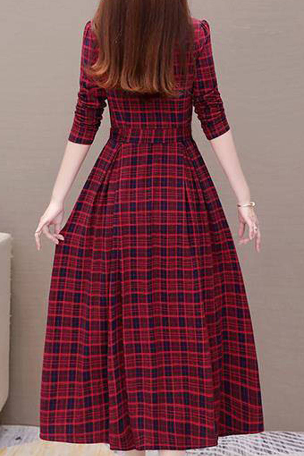 Women Fabulous Plaid Pattern V-Neck Long Sleeve Adjustable Waist Belt Mid-Length Skirt Style Dress