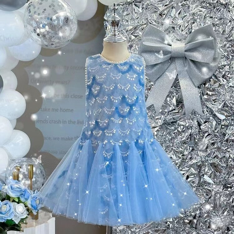 Summer New Girls’ Pearl Vest Dress – Elegant Princess Skirt for Medium and Large Children - RAC25JP3271GDRESS