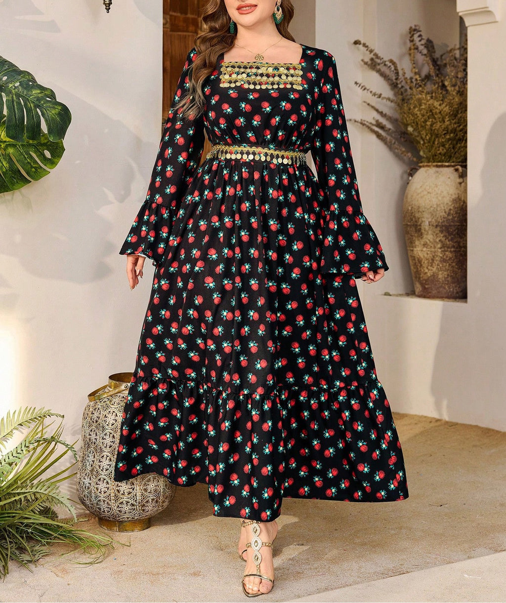 Women's Plus Size Square Neck Floral Print Lace-Up Waist Dress, Flattering A-Line Midi Dress with Short Sleeves