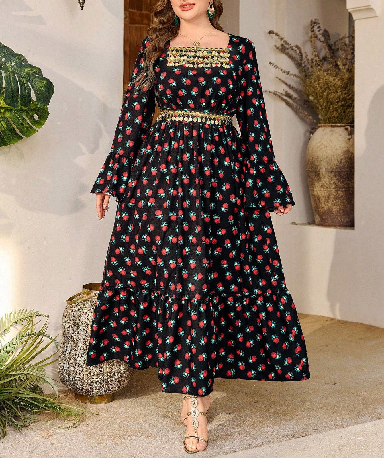 Women's Plus Size Square Neck Floral Print Lace-Up Waist Dress, Flattering A-Line Midi Dress with Short Sleeves