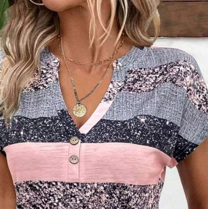 Summer New Elegant V Neck Short-Sleeved Color-Matching Versatile T-Shirt Top for Women